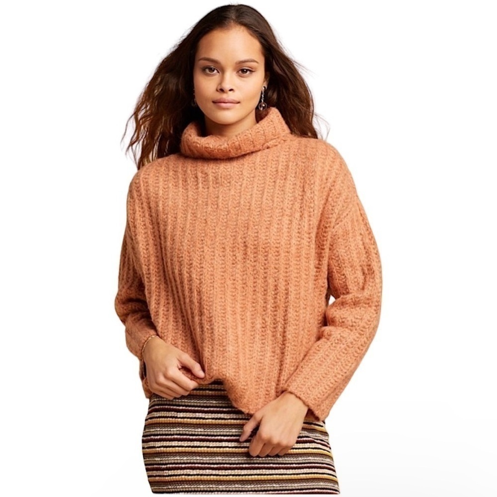 Free People Fluffy Fox Cowl Neck Sweater Papaya Brown Color Size M Women’s